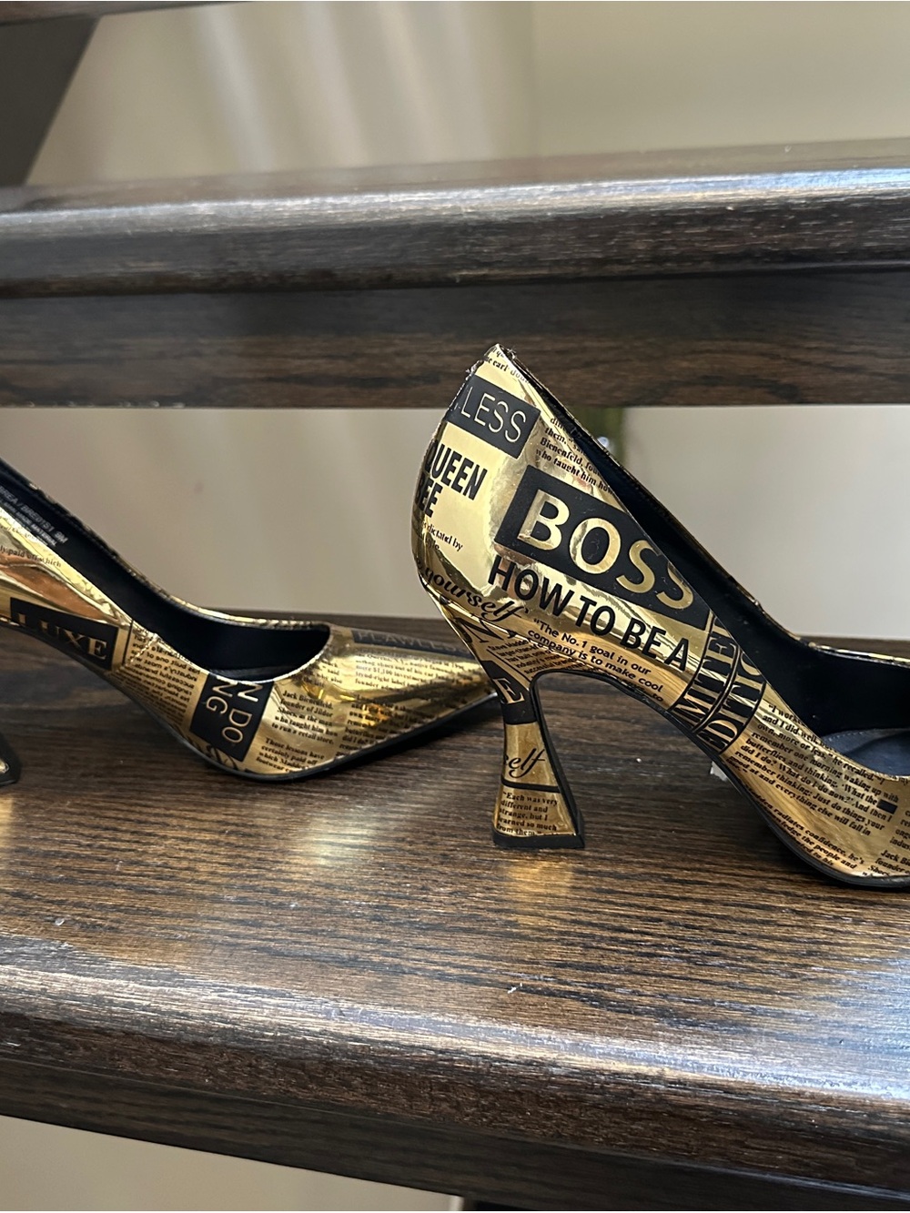 Steve Madden Gold and Black Newspaper-Print Pumps